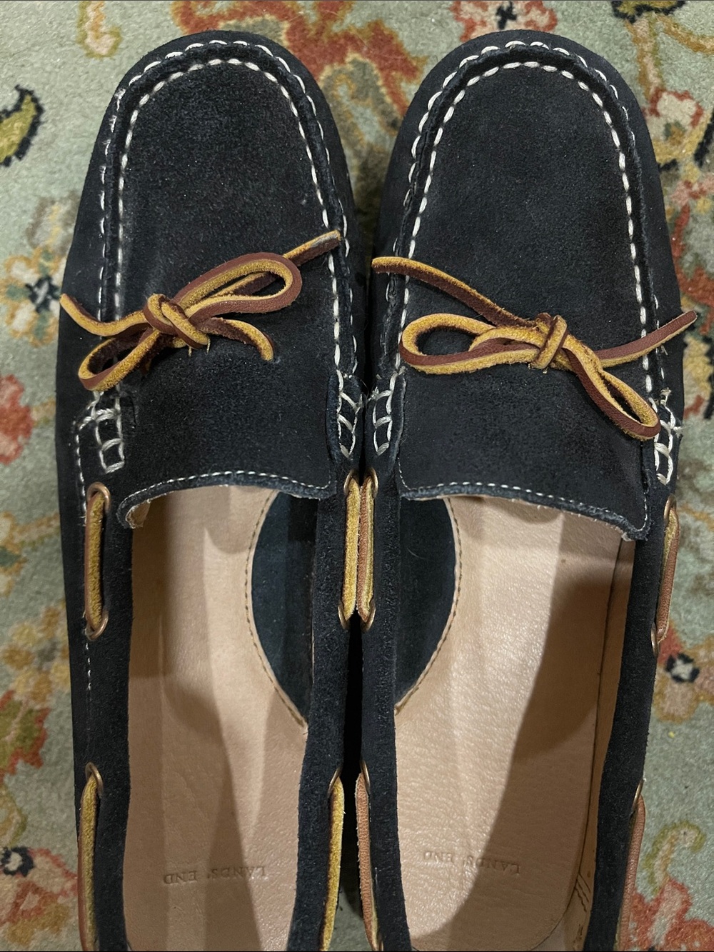 Lands' End Black Suede Moccasins/Boat Shoe with Tan Bow Detail